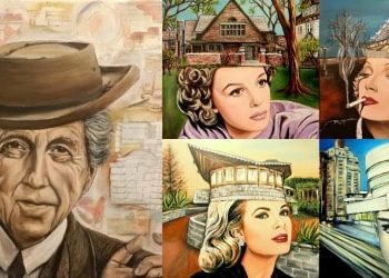 Architect Frank Lloyd Wright surrounded by female icons